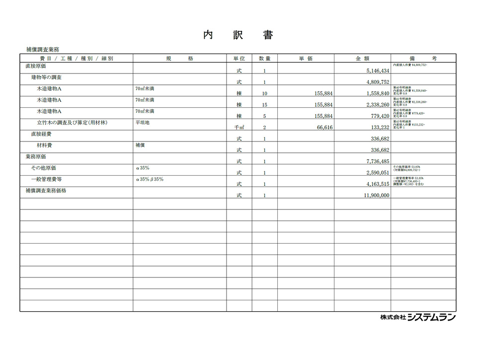 内訳書 - 補償調査業務